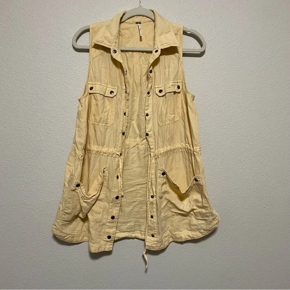 Free People Pale Yellow Button Front Tie Waist Vest Jacket - Picture 2 of 9